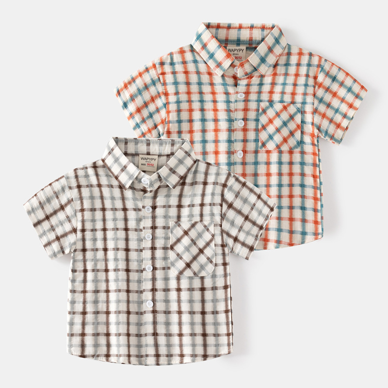 Boys plaid shirt 2023 Summer Children's short sleeve shirt wholesale baby pocket shirt fresh plaid shirt