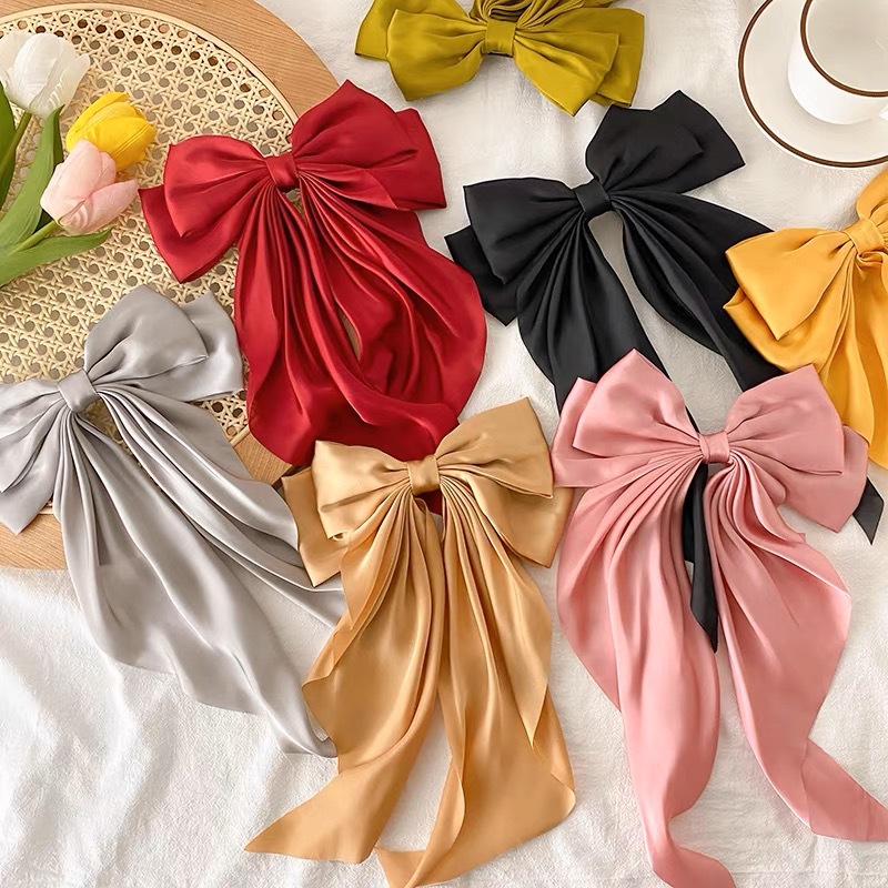 Cross-border satin ribbon bow hair accessories simple temperament female bow hairpin back head spring clip hairpin_voghion.com