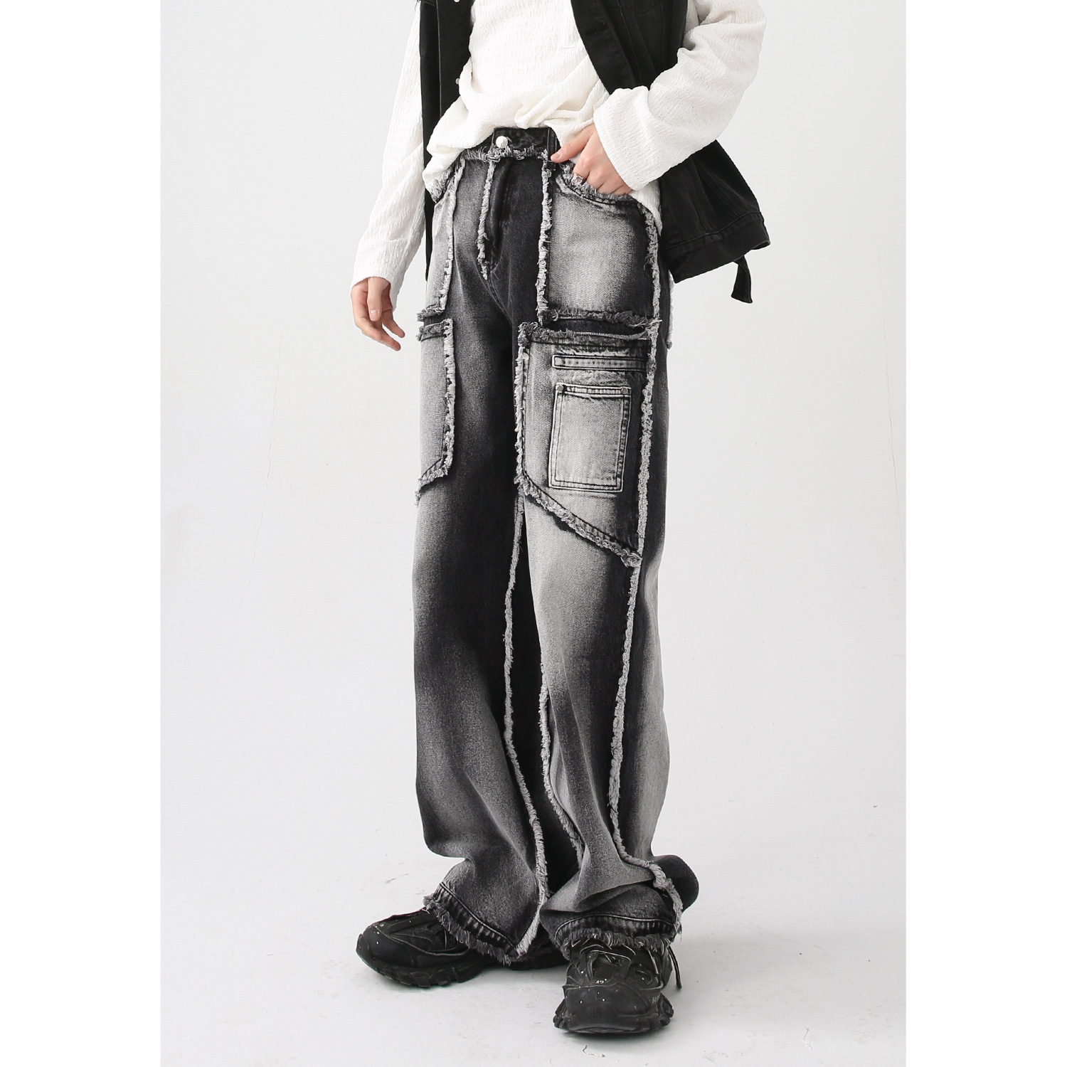 MELCLOTHES men's clothing | 2022 Autumn New retro do old wash water raw edge straight tube stitching jeans
