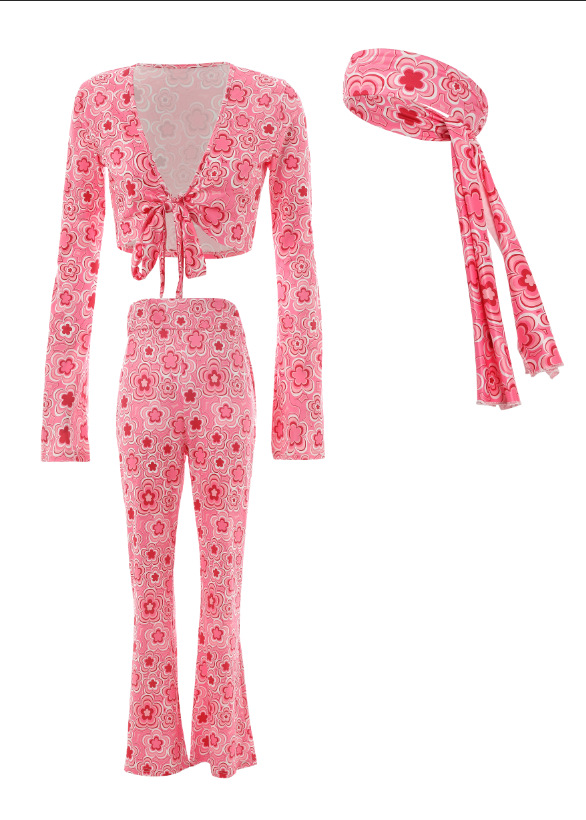 2023 Amazon new cross-border European and American sexy top printed three-piece split T-shirt pants suit