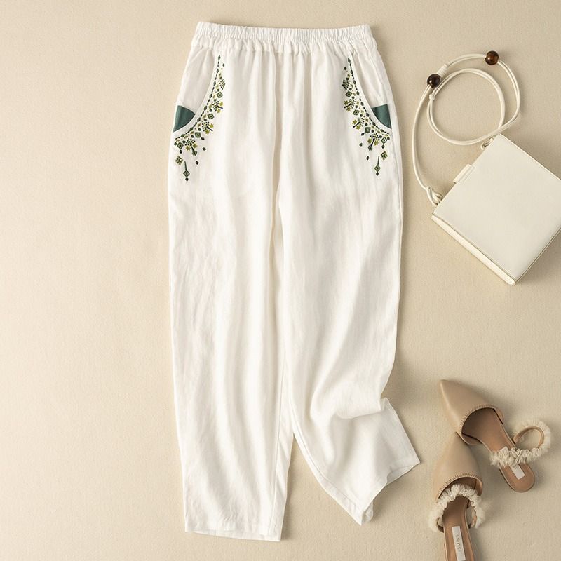 Cotton and linen retro embroidered radish pants women's summer New straight harem pants loose solid color versatile casual cropped pants