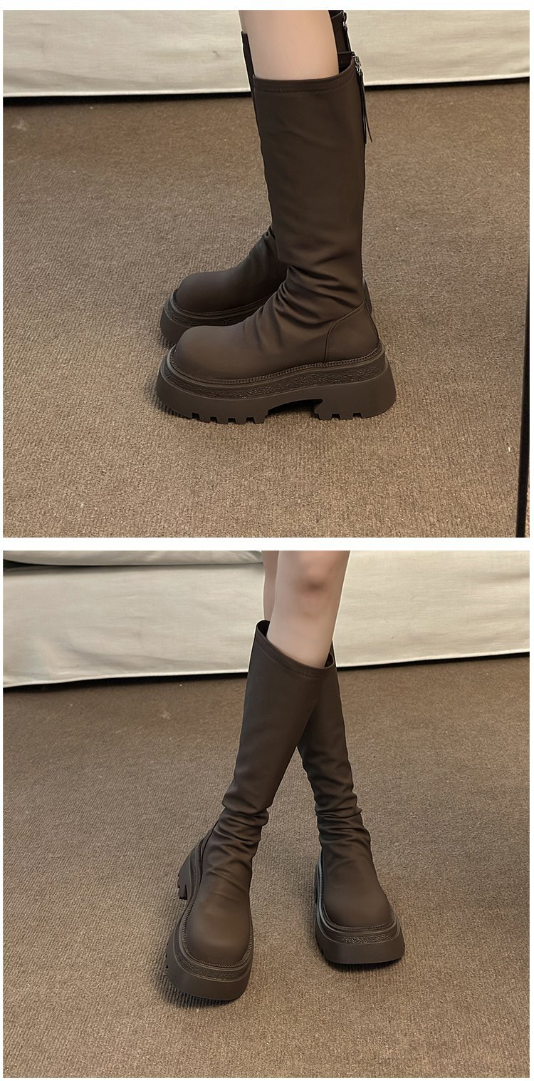 Moteriški storapadiai platforminiai aulinukai iki kelių 2023 m. rudens ir žiemos madingi klostuoti aulinukai iki kelių, ploni, elastingi aulinukai_voghion.com