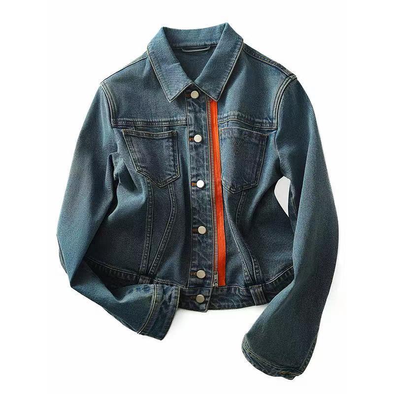 Contrast Color Zipper Denim Jacket Women's New 2023 Early Spring Retro Fashion All-match Short Jacket for Petite Spring and Autumn