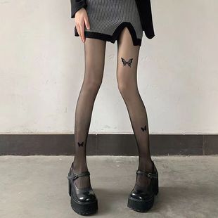 Printed bow stockings niche black silk Women's Spring and Autumn thin Lolita black silk sexy pantyhose super thin