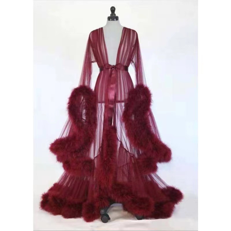 Europe and the United States sexy feather perspective nightgown sexy underwear horn sleeve tail dress manufacturers straight hair