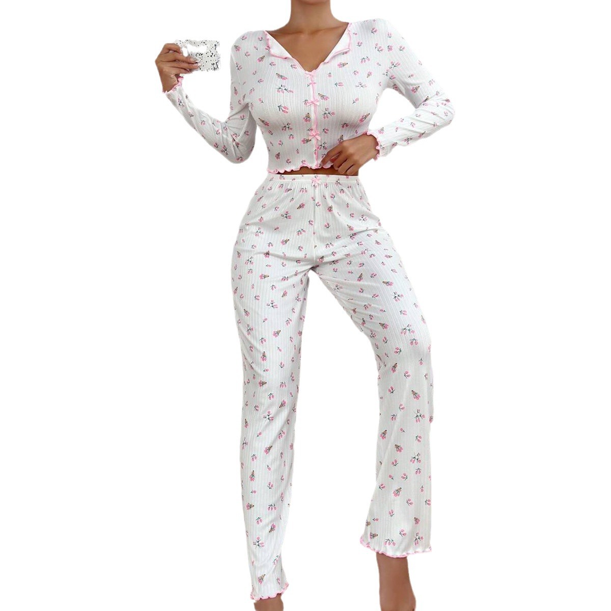 Europe and the United States cross-border hot-selling home clothing bow lapel curling long sleeve pajamas women can wear pants two-piece suit