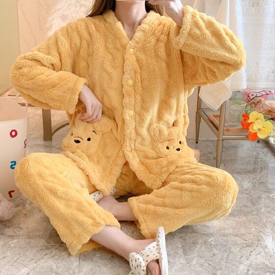 Autumn and Winter Coral Fleece Pajamas Women's Winter Thickened Fleece-Lined Winter Cut Flower Bear New Suit Home Clothes Flannel