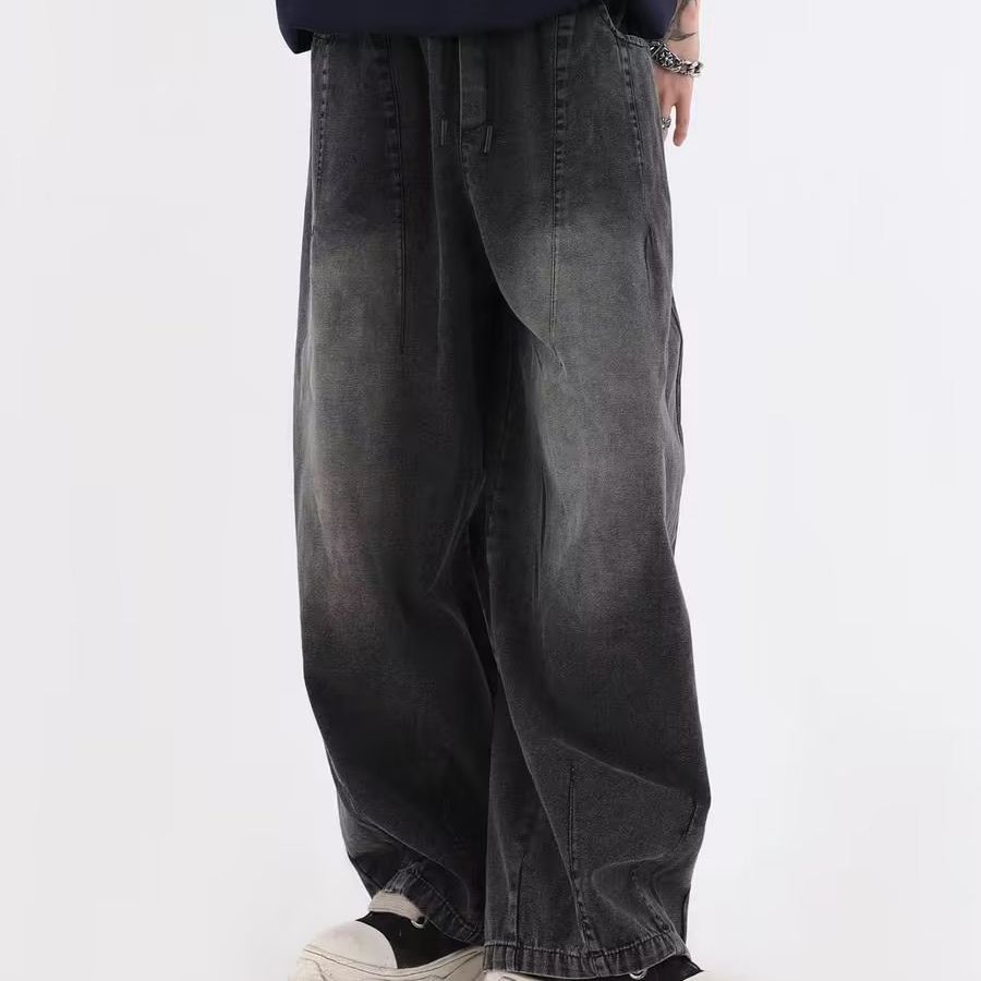 Japanese style cityboy national fashion brand couple American gradient washed jeans loose wide leg pants straight pants men