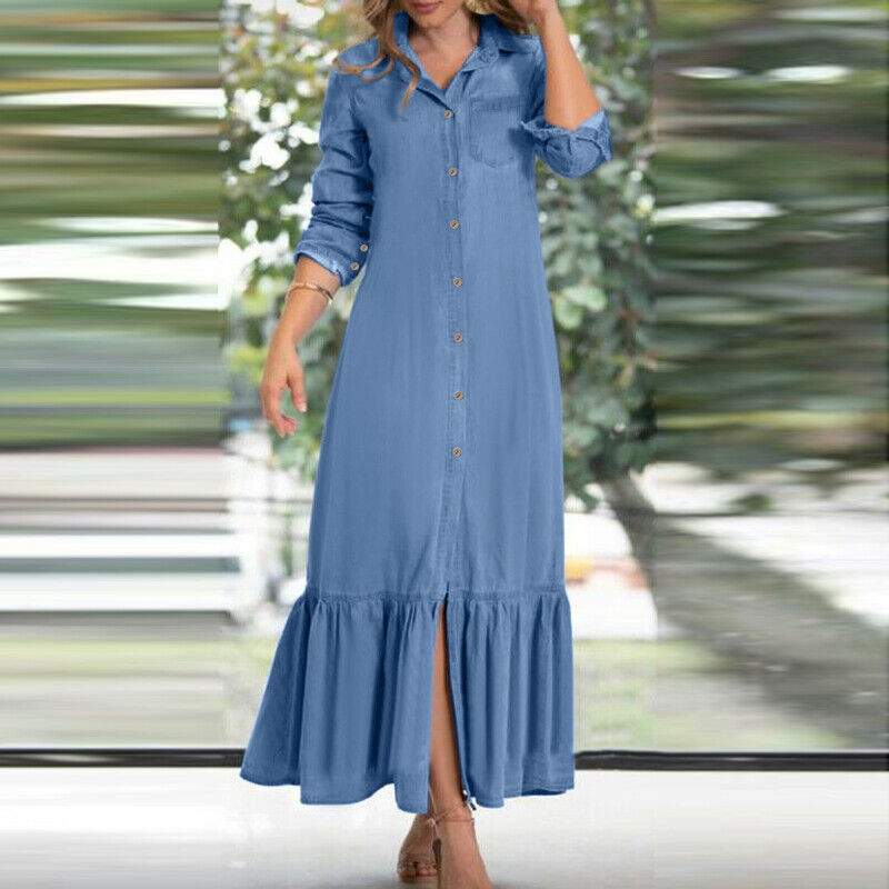 2022 European and American Autumn Women's Elegant Elegant Fashion Neutral Style Long Sleeve Lapel Cardigan Solid Color Long Denim Skirt