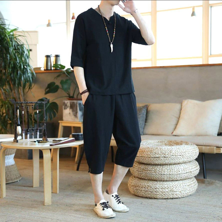 Japanese Style Summer Men's Linen Suit Chinese Style Large Size Loose Capri Pants Casual Tang Suit Cotton and Linen Two-piece Suit for Men