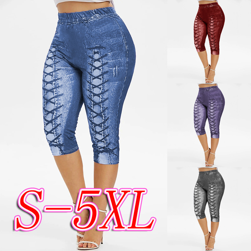 Spot European and American AliExpress WISH explosion digital printing denim sports pocket leggings yoga pants large size