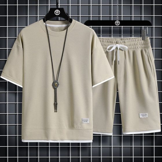 Waffe Sports Casual suit Men's Summer Thin Loose plus size Short-sleeved T-shirt Shorts Set of Handsome Collocation