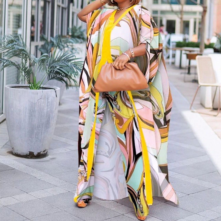 European and American Amazon New Digital Printed Chiffon Cardigan Loose Large Size Pants Two-piece Set African Robe