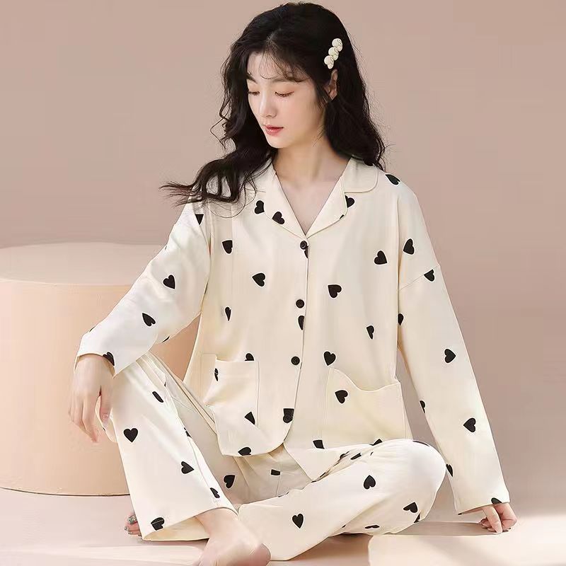 Pajamas Women's Spring and Autumn Cotton Thin Long Sleeve Outwear Autumn and Winter Cardigan Pajamas Women's Home Clothes Suit