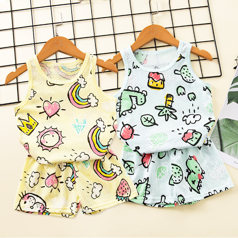 Summer New Children's Mesh Printed Vest Shorts Set Small and Medium-sized Boys and Girls Pure Cotton Breathable Base Home Clothes
