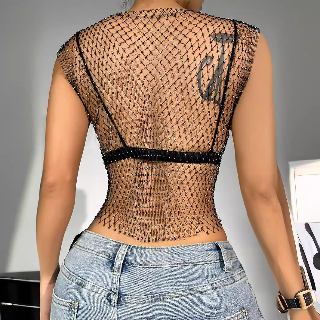 Amazon Cross-border Sexy Nightclub Women's European and American Fishing Net Hollow Rhinestone Vest Mesh Flash Diamond Strap Top Women