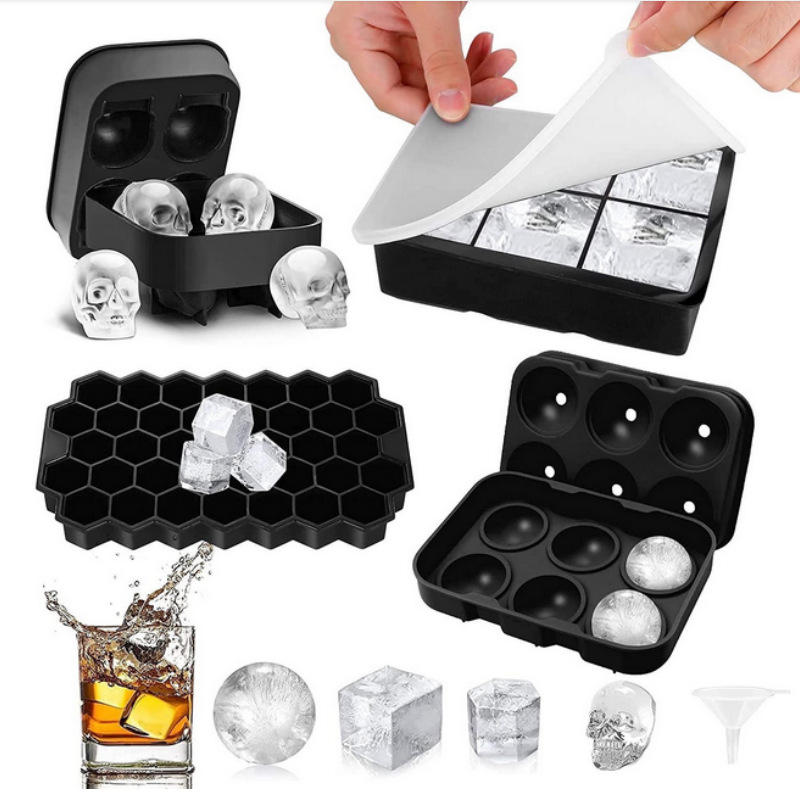 Factory sells food grade 4 balls 6 Square 6 Balls 8 grid silicone ice cube Skull Ice Cube mold with cover silicone ice cube