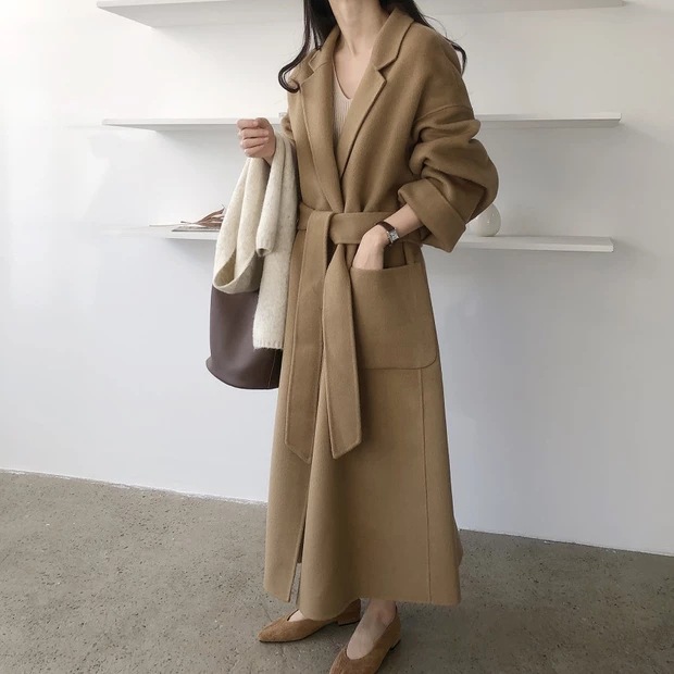 South Korea Dongdaemun 2023 autumn and winter New lace-up cashmere coat Women's Mid-length loose over-the-knee woolen coat_voghion.com