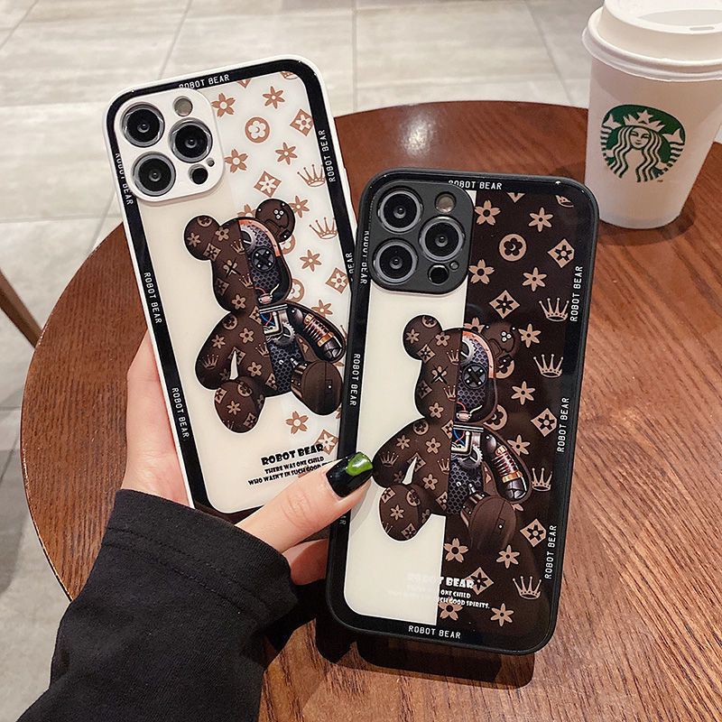 適用蘋果15pro手機殼14promax玻璃紅iphone11白邊熊XSMAX潮8plus