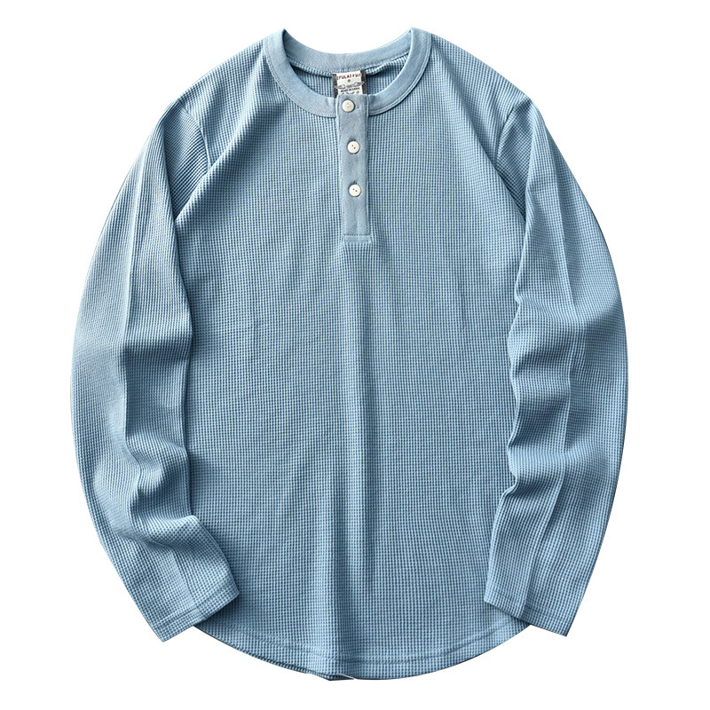 280g heavy waffle henley collar T-shirt men's long sleeve solid color round neck bottoming shirt