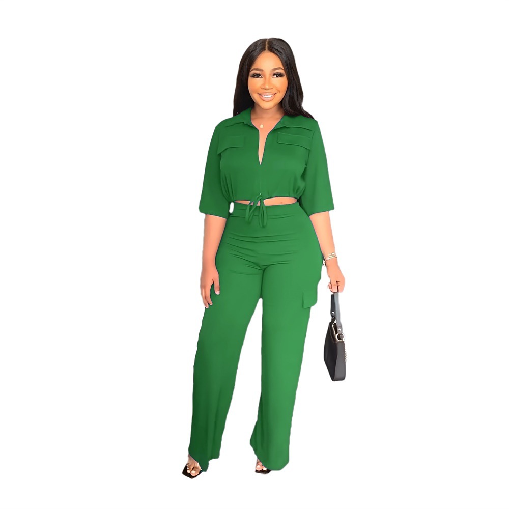 9849 Cross-border Europe and America Amazon Leisure Drawstring Jacket High Waist Tooling Straight Pants Commuter Two-piece Set
