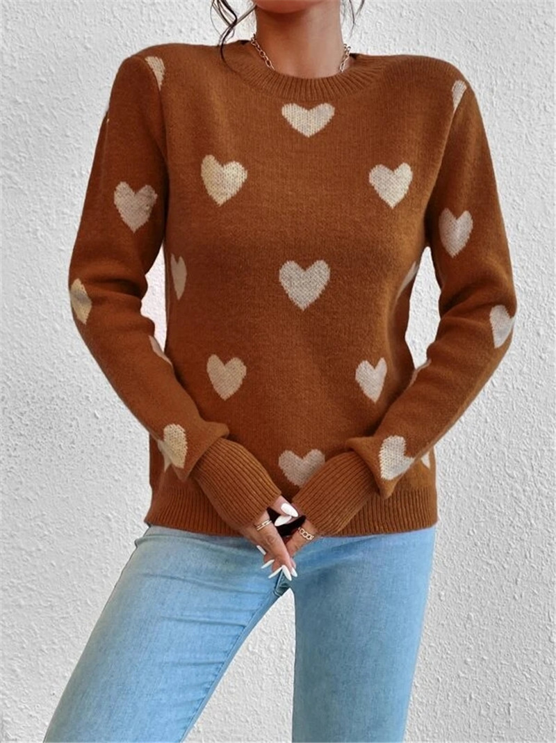 Amazon autumn and winter European and American cross-border AliExpress new heart-shaped pattern loose round neck knitted pullover sweater