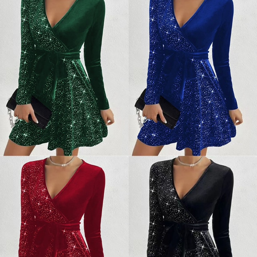 In stock 2023 cross-border Amazon European and American autumn and winter clothing sexy V-neck hip irregular skirt sequins dress