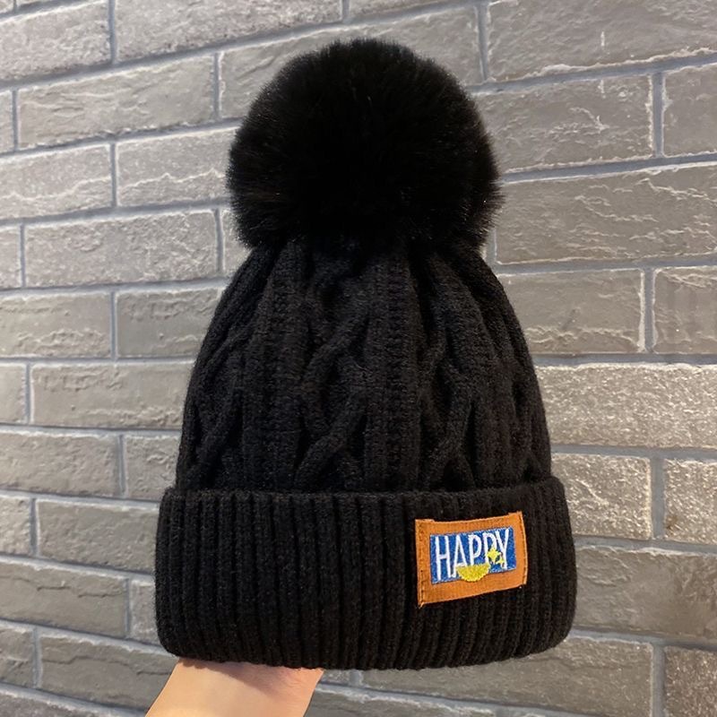 Winter fleece-lined Wool Hat Thickened Warm Northeast Knitted Hat Women's Big Head Ear Protecting Hair Ball Hat White Ball Hat_voghion.com