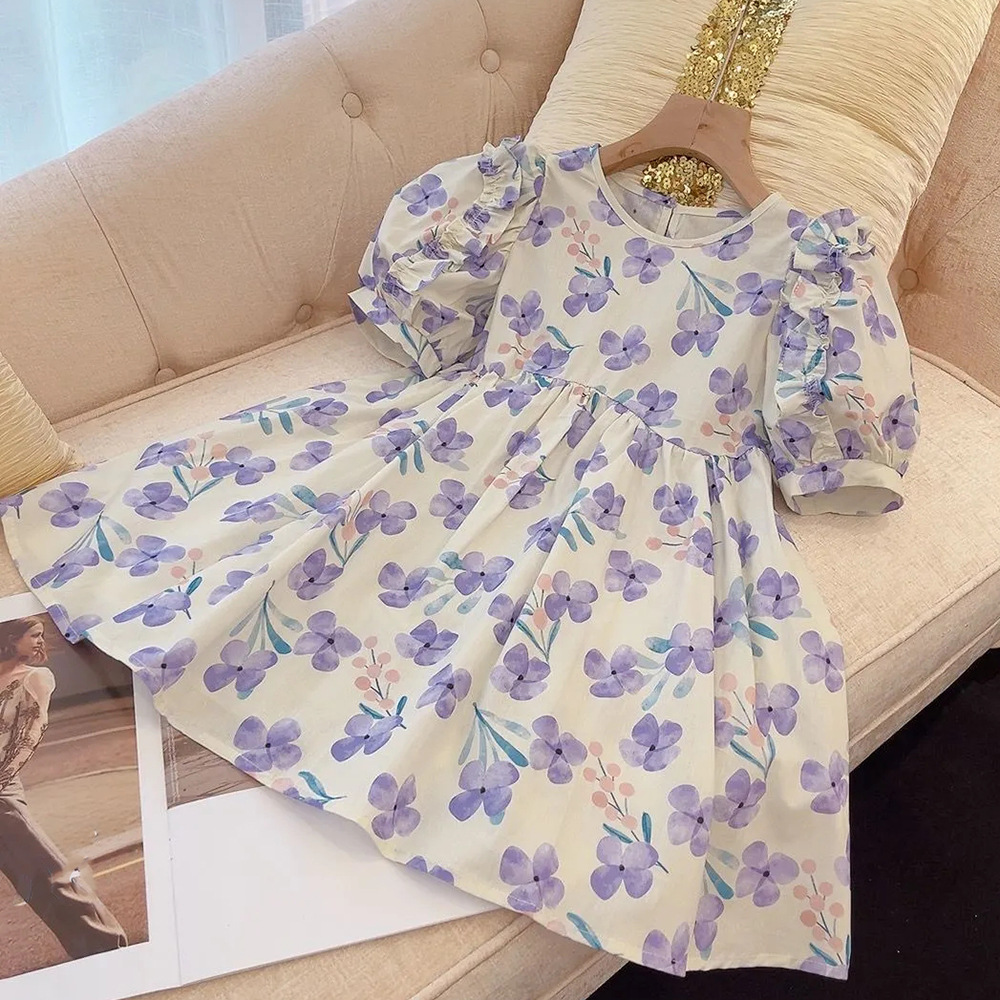 韓國童裝圓領女童連衣裙夏新款印花韓版兒童短袖裙一件代發童裝
