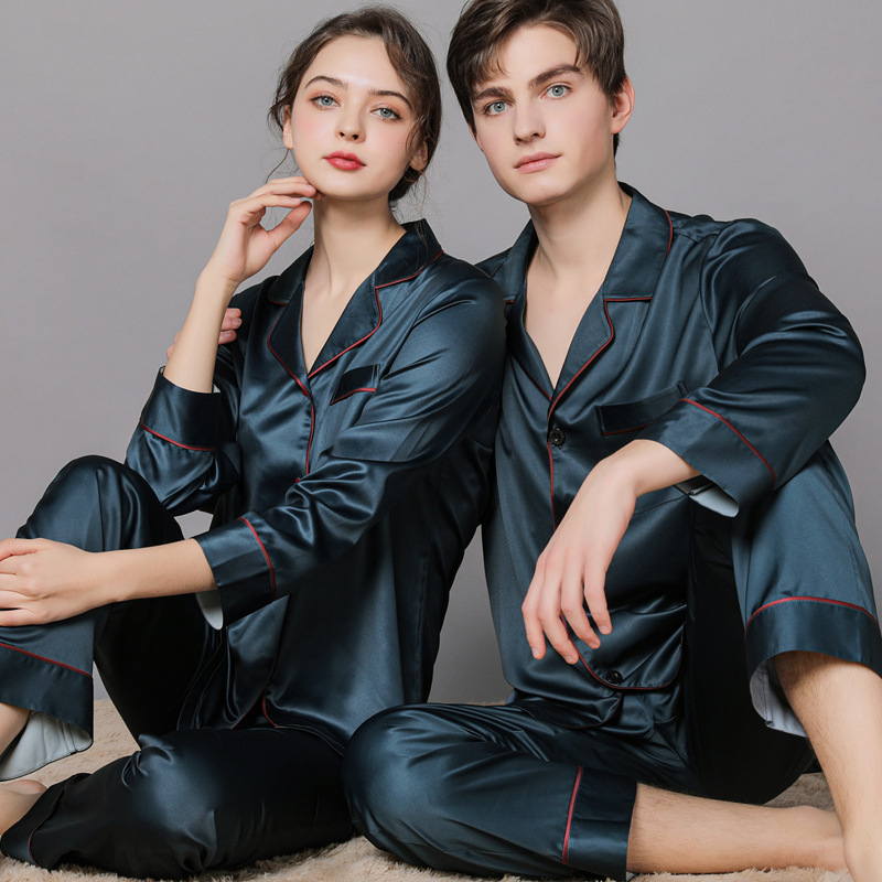 New Spring and Autumn Silk Couple Pajamas Women's Autumn Ice Silk Men's Pajamas Home Clothes Long Sleeve Large Size Suit