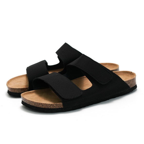 RUIZUSTOCK Wise Foot Men's Cork Slippers Trendy Student One-Word Slippers Double Strap Men's Beach Shoes Frosted Leather