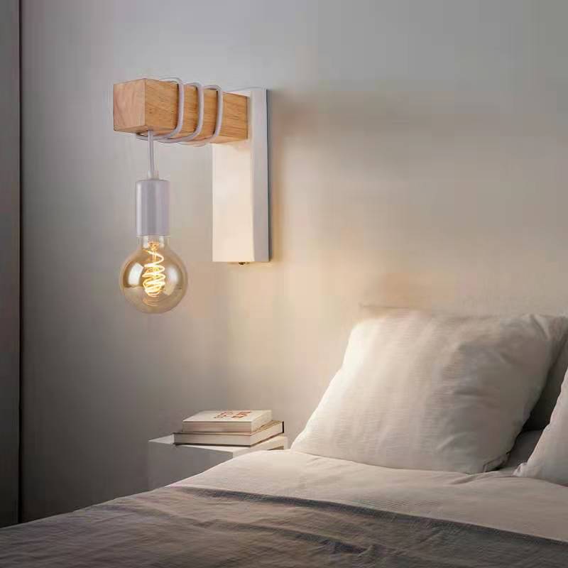 Modern Simple Retro Wall Lamp Bedroom Living Room Bedside Lamp Creative Distinctive Wrought Iron Wooden Nordic Wall Lamp Staircase Lamp