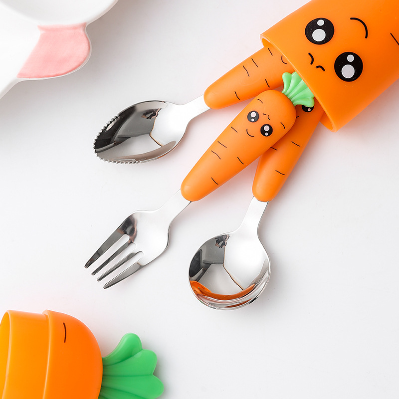 304 stainless steel spoon food grade children's tableware wholesale cute carrot spoon fork scraping mud spoon storage suit