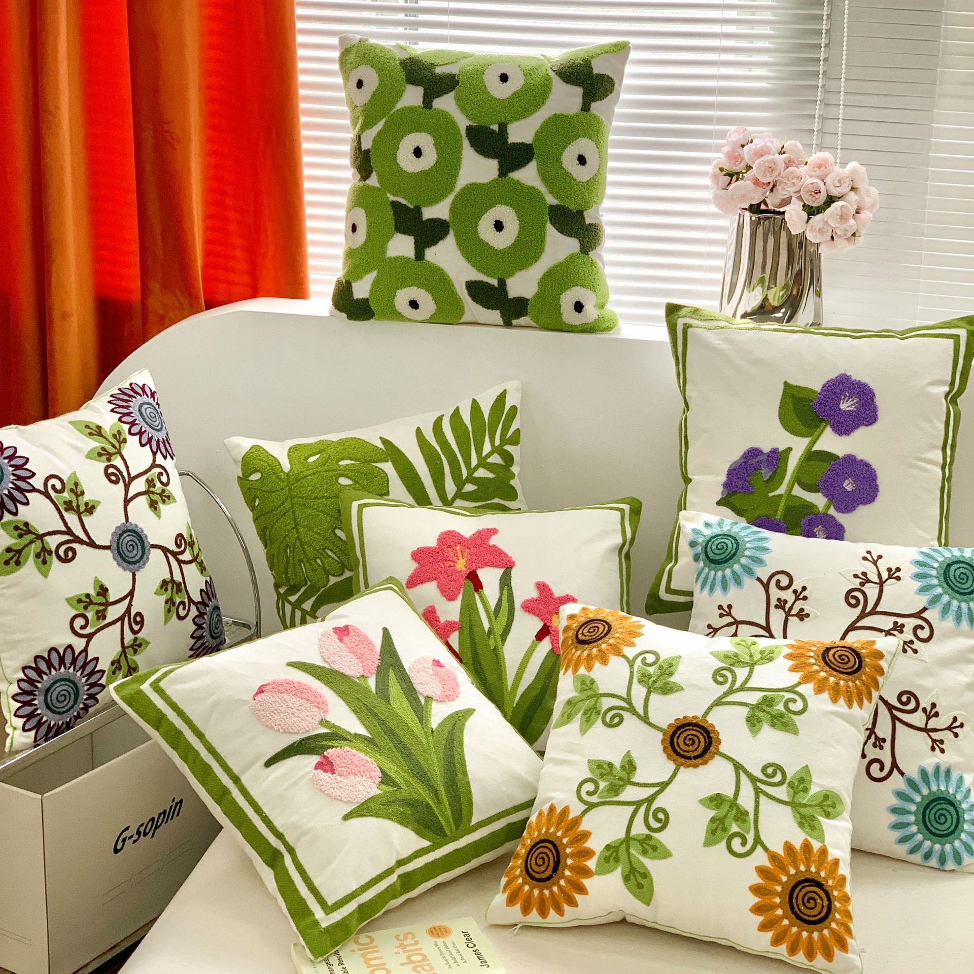 Cross-border Green Botanical Garden Flower Tulip Sofa Pillow Homestay Decorative Embroidery Living Room Pillow Case