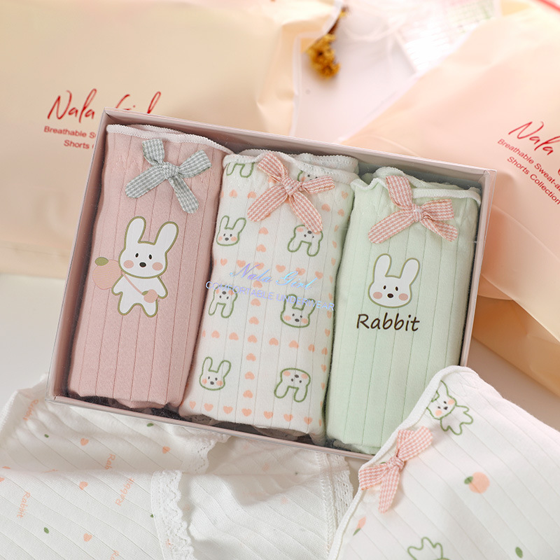 Japanese women's underwear wholesale cute cartoon rabbit printed ribbed cotton underwear for girls students mid-waist underwear for women