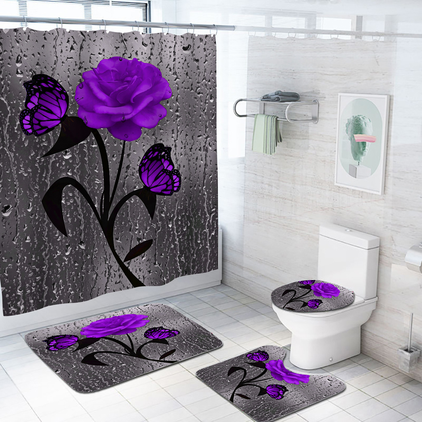Cross-border e-commerce direct supply 3D digital printing waterproof bathroom shower curtain four-piece set to be customized