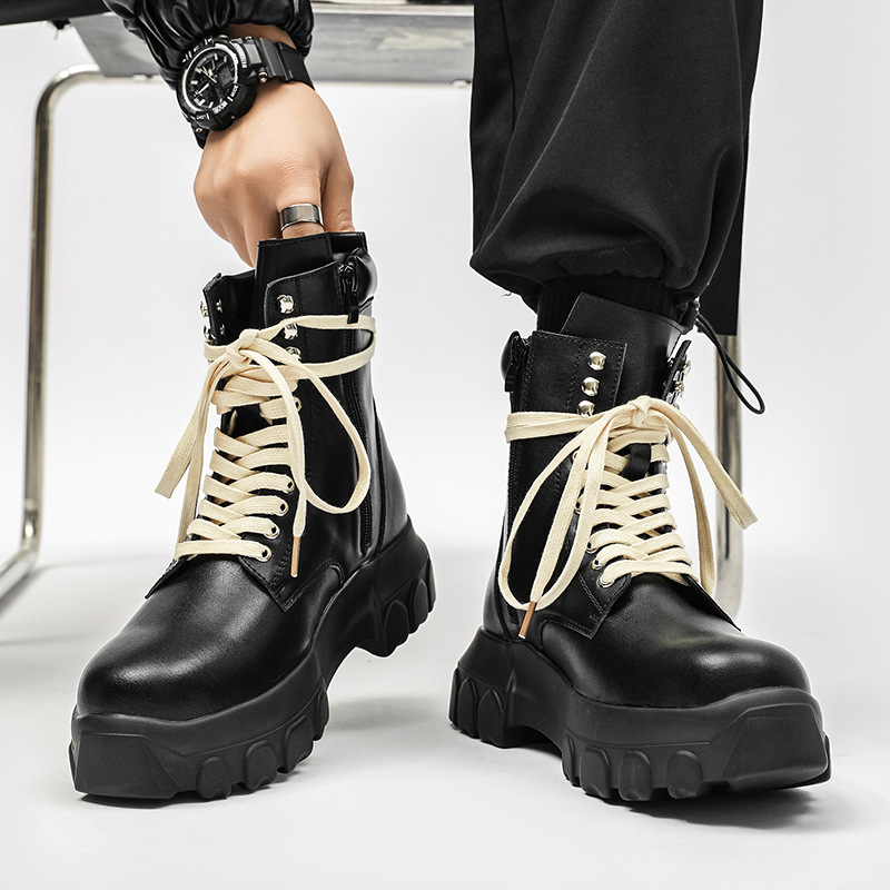 ins British Style Genuine Leather Platform Men's Martin Boots Men's Height Increasing Tooling Boots Leather Zipper Motorcycle High Top Shoes
