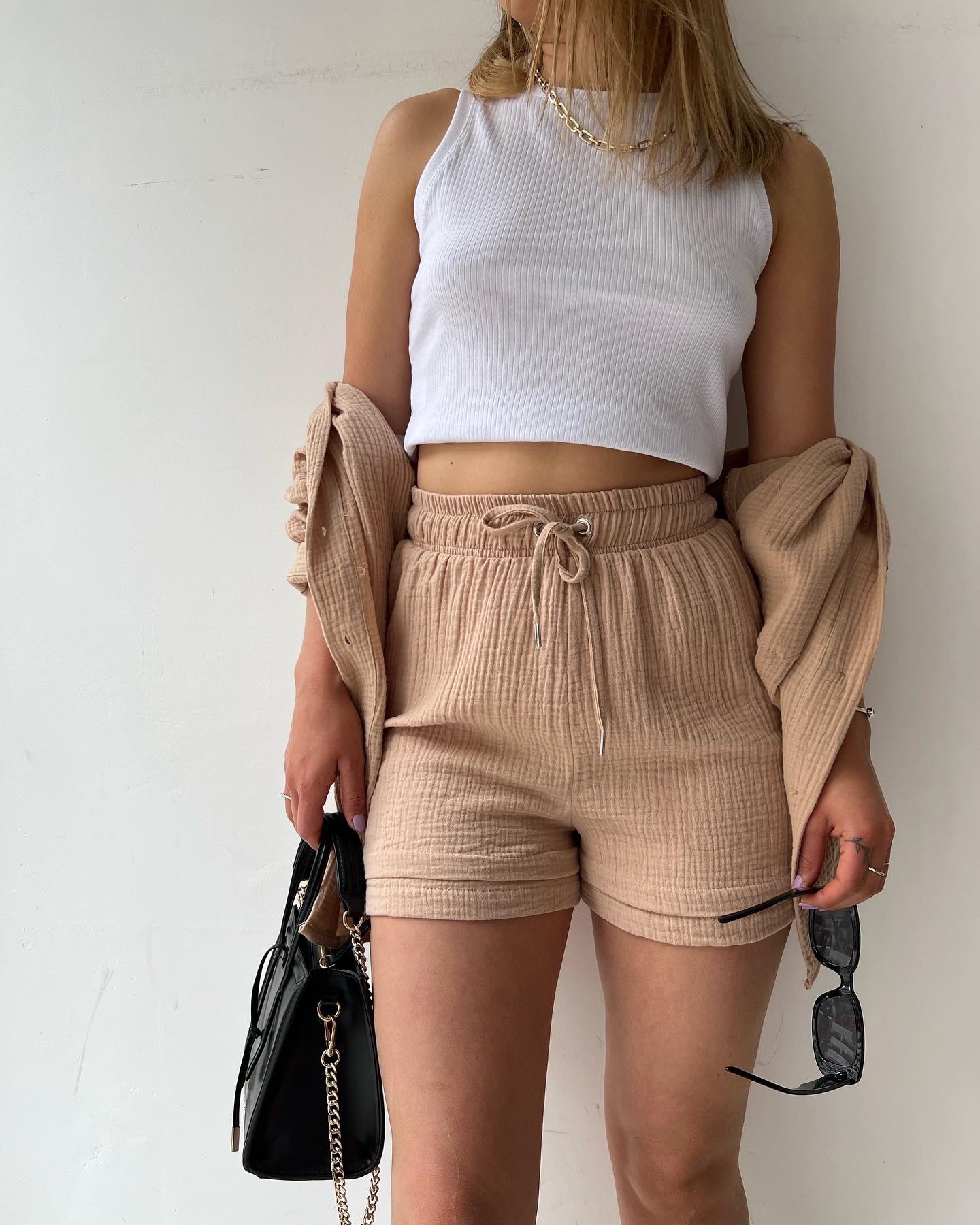 2023  European and American Women's Wrinkled Lapel Long Sleeve Shirt High Waist Drawstring Shorts Fashion Casual Two-Piece Set_voghion.com
