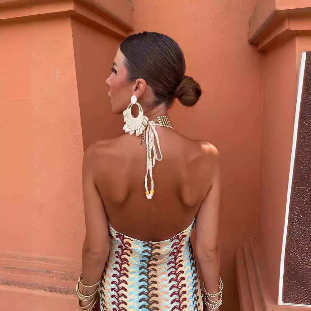 2024 Cross-border Amazon AliExpress Explosions Color Contrast Lace V-neck Strap Backless Beach Dress HY124