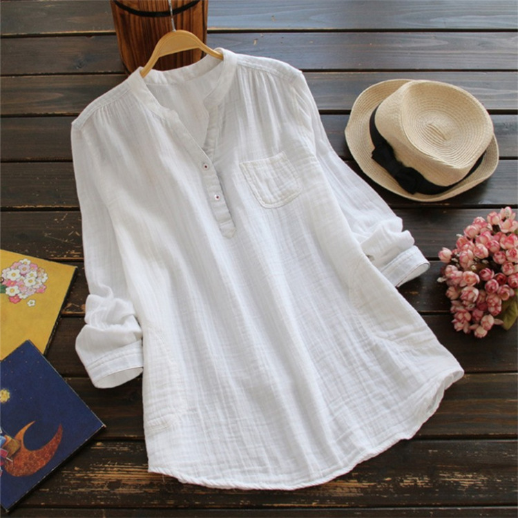 New Large Size Summer Japanese Solid Color Long Sleeve Stand Collar Long Skirt Cotton Yarn Shirt