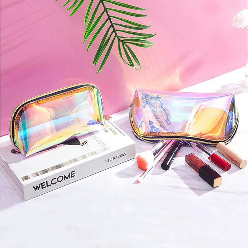 Factory goods magic color laser semicircle cosmetic bag large capacity convenient storage bag wash bag shell cosmetic bag high color value