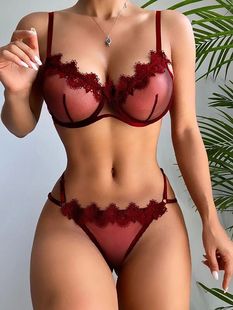 European and American sexy lingerie sexy women's mesh transparent lace three-point pajamas two-piece set