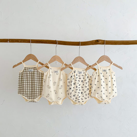 ins Korean Style Baby Baby Sling Printed Plaid Jayshirt Newborn Summer Thin Vest Triangle Climbing Suit