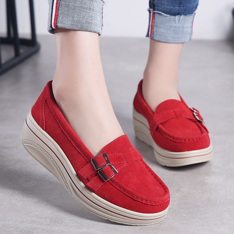 Spring and autumn thick-soled platform cake heel cowhide slip-on casual women's shoes frosted velvet leather mid-heel large-size women's shoes