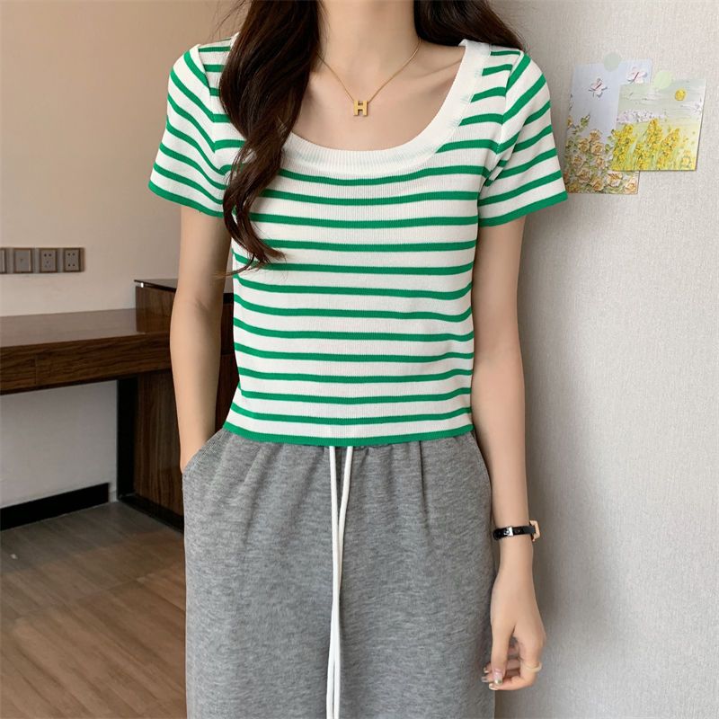 American Retro Striped Right Shoulder Square Neck Short Sleeve T-Shirt Women's Summer Design Niche Black and White Contrast Color Short Top