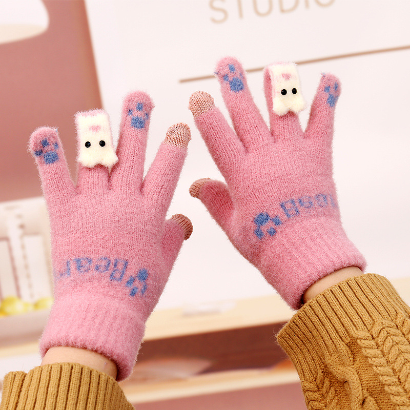Winter new fleece-lined warm women's touch screen gloves cute bear ins five-finger cold-proof riding gloves