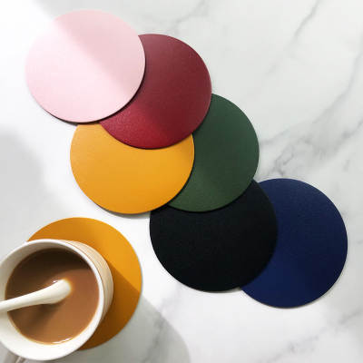 Wholesale leather coasters simple solid color round coasters fashion ins leather coasters waterproof and oil proof heat insulation dining table