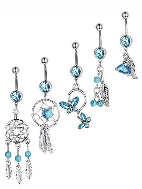 AliExpress Amazon blue Dreamcatcher butterfly zircon navel ring heart-shaped navel buckle piercing body jewelry