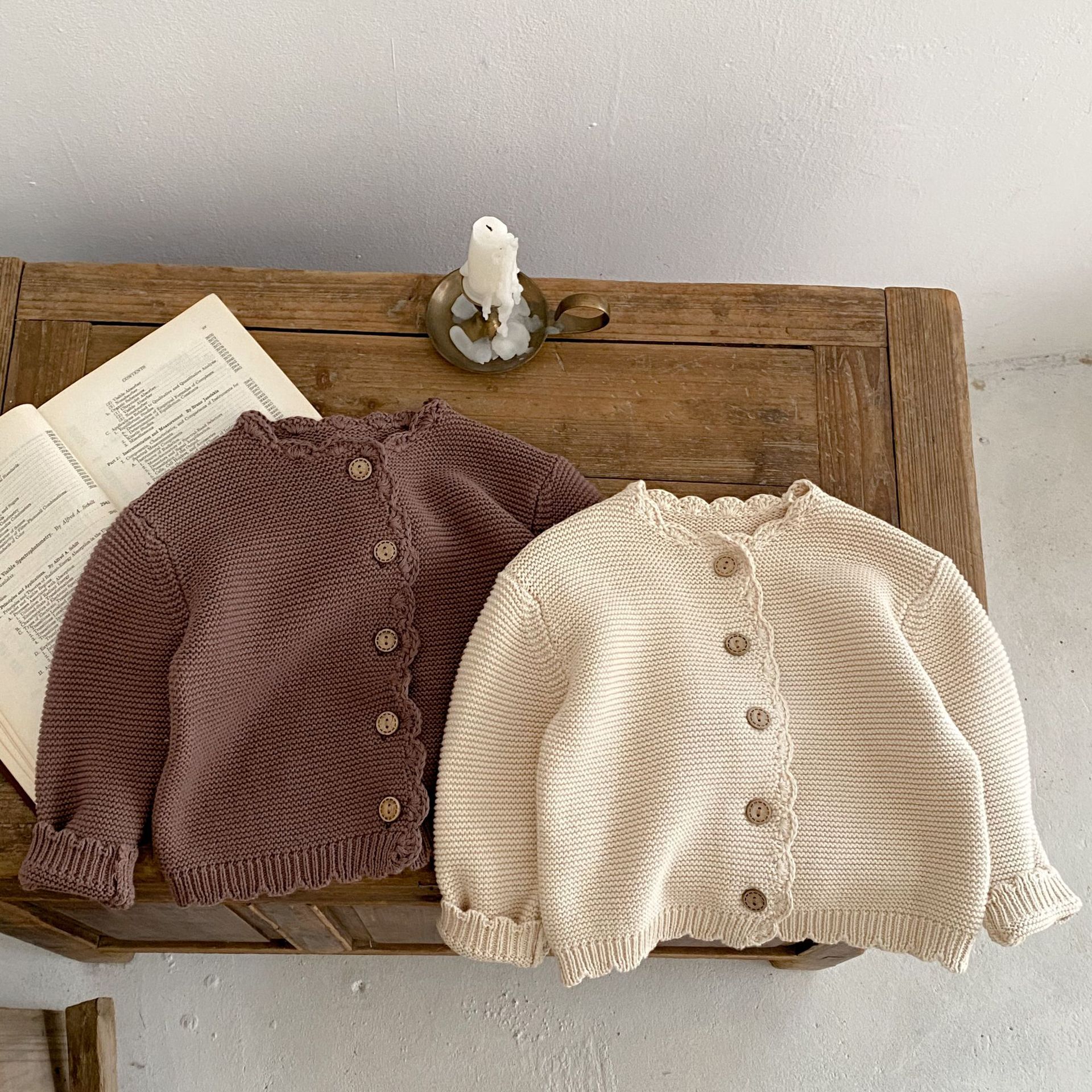 Spring 2023 All-match Boys and Girls Baby Children's Crewneck Handmade Crocheted Pure Color Knitted Cotton Long Sleeve Cardigan Jacket