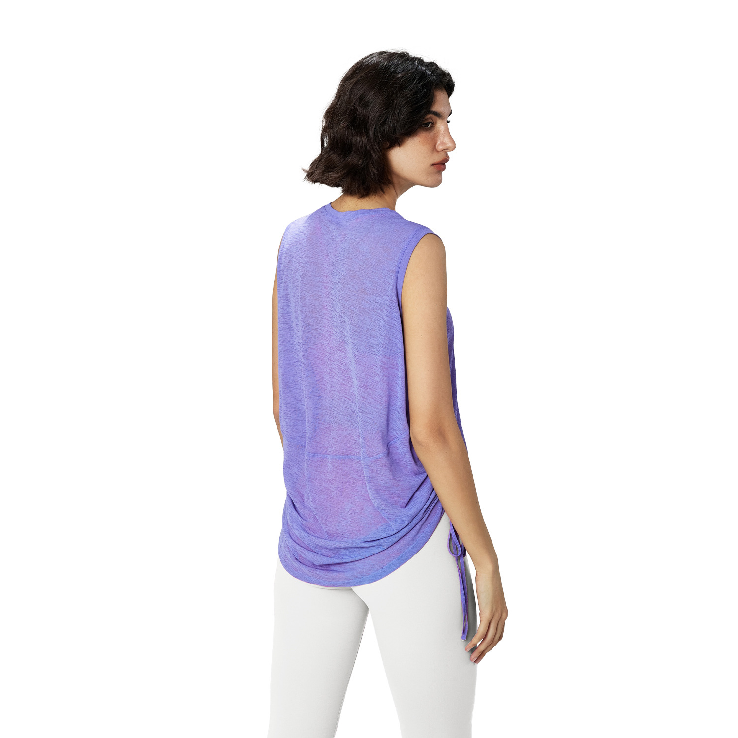 Slub Yarn Summer Breathable Yoga Vest Women's Loose Round Neck Sleeveless Sports Top Hem Drawstring Yoga Blouse